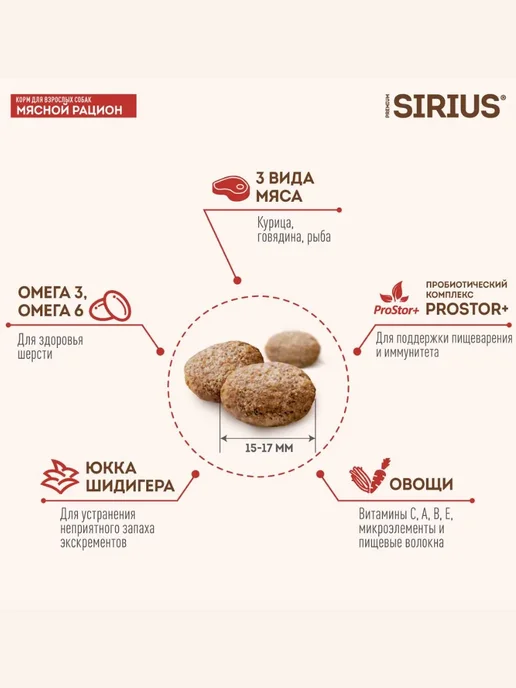Сухой корм SIRIUS Dog Рацион для собак, взрослые, мясо, 15 кг, фото 4