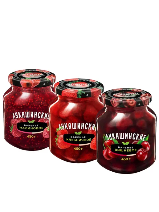 Лукашинские Набор варенья малиновое, клубничное, вишневое по 450г, 450 г