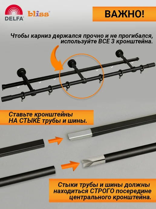 Bliss Dekor Карниз для штор 200 см двухрядный белый гардина настенная, черный, фото 5
