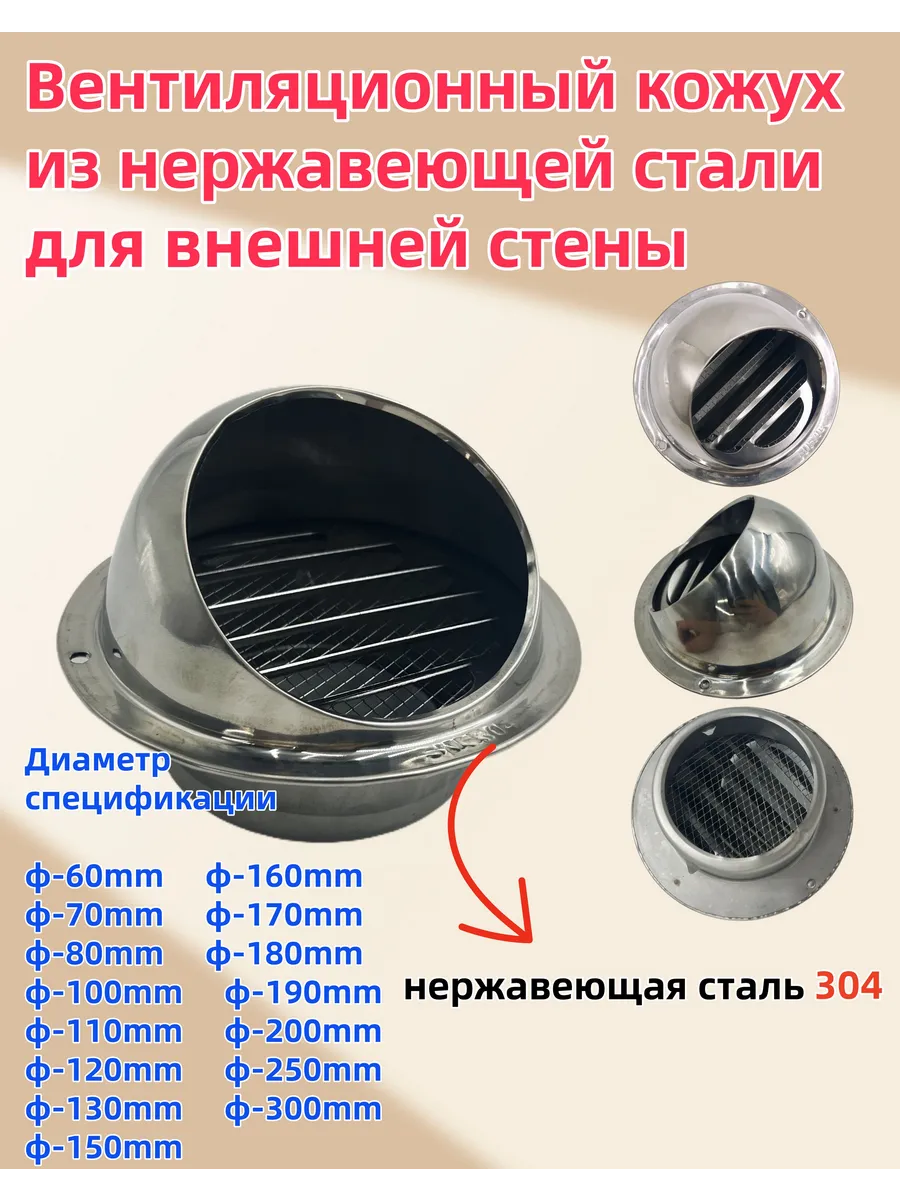Выход стенной из нержавеющей стали 304, D130 мм