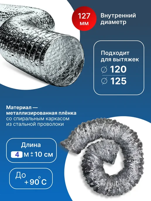 VENTLUK Воздуховод гибкий 120 мм ( 125 мм ) 5 м с хомутами, 4 м, фото 3