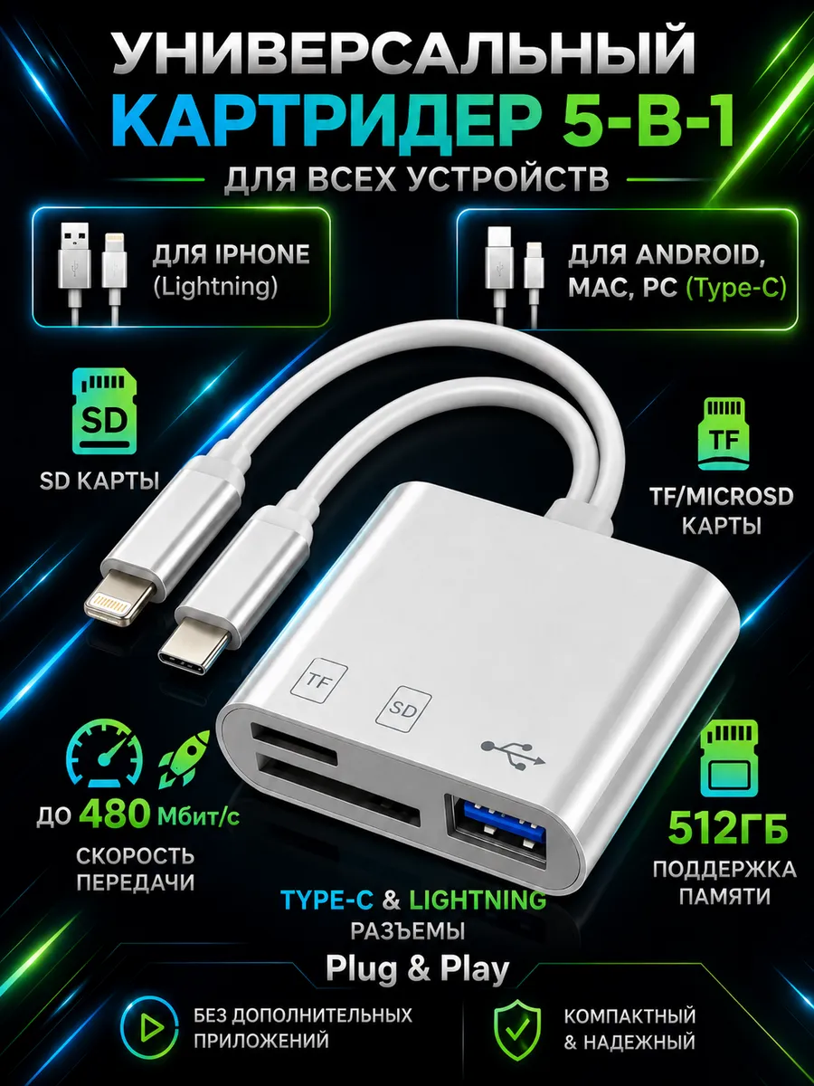 Картридер для iPhone и Android c Lightning и Type-C