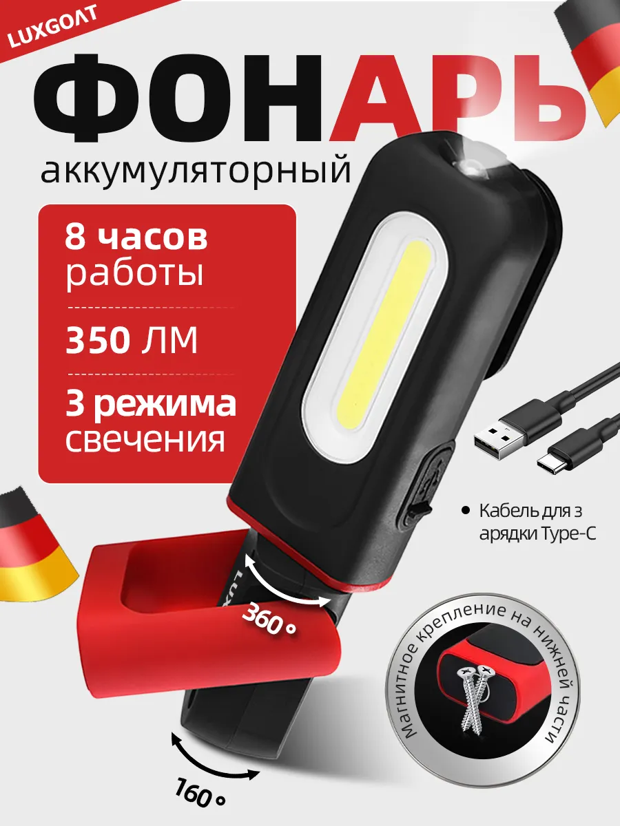 Фонарик аккумуляторный ручной светодиодный мощный с магнитом