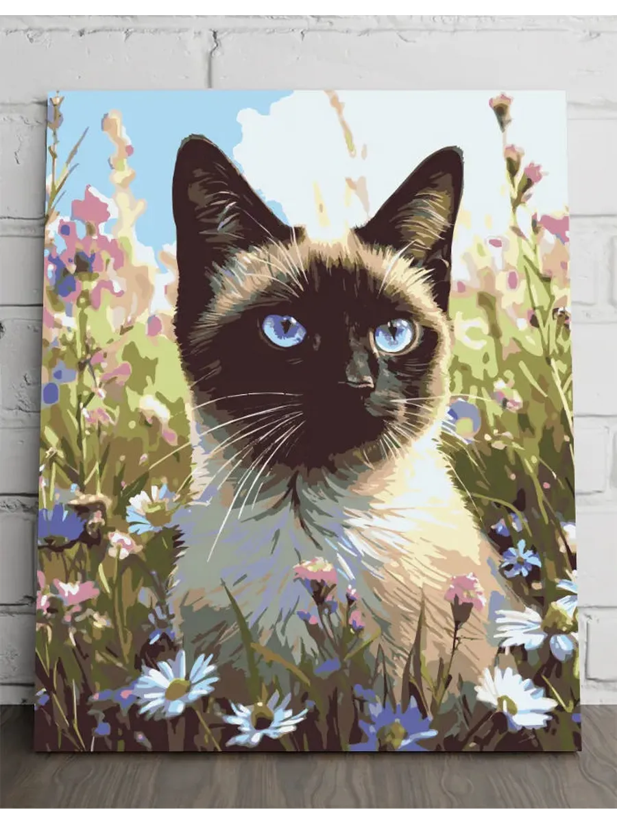 Картина по номерам — Сиамская кошка среди луговых цветов — 40×50 см