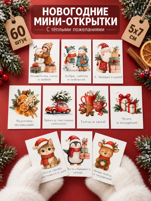 ELIA'S ARTWORK Новогодние мини открытки с пожеланиями 60 шт, 60 шт