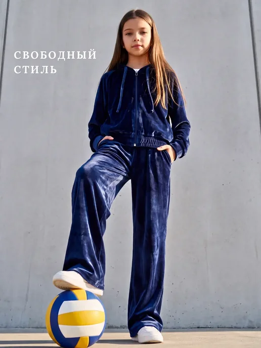 Kostastyle Велюровый костюм для девочки спортивный капюшон и палаццо, синий, фото 4