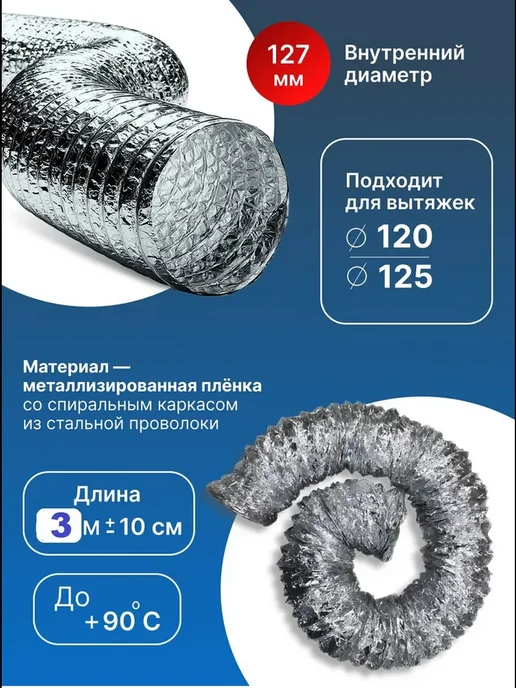 VENTLUK Воздуховод гибкий 120 мм ( 125 мм ) 5 м с хомутами, 3 м, фото 3
