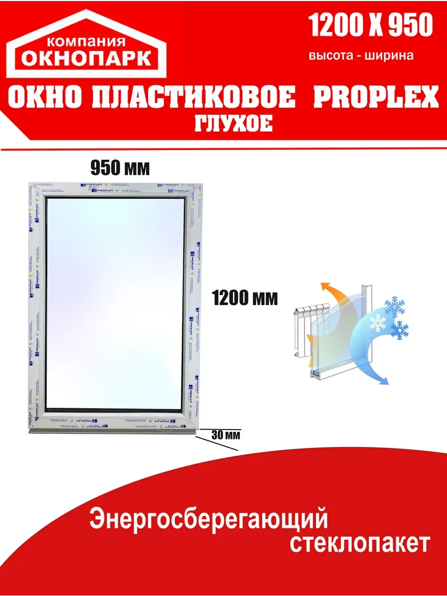 Окно пластиковое Proplex 1200 х 950 мм, глухое