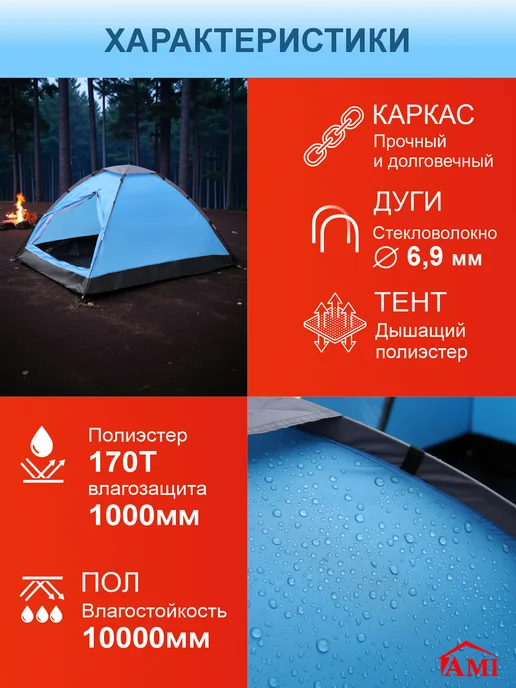 AMI Палатка туристическая 2 местная для отдыха и рыбалки, голубой, фото 3