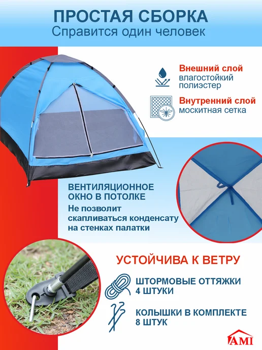 AMI Палатка туристическая 2 местная для отдыха и рыбалки, голубой, фото 5