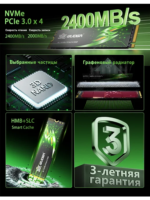 GUDGA SSD Накопитель M2 256GB NVME твердотельный PCI-E 3.0, 256 ГБ, фото 3