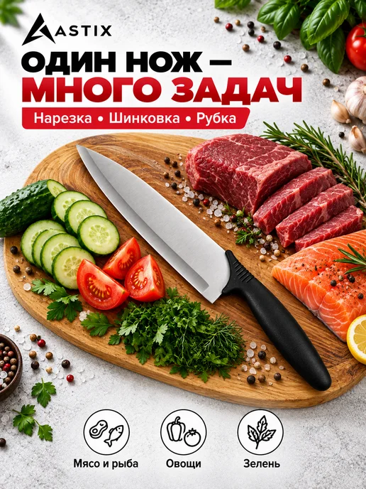 Astix Нож кухонный универсальный поварской 30,5 см, черный, фото 5