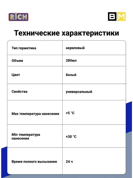 Rich Герметик акриловый белый 280 мл, 2шт, 280 мл, 2 шт, фото 6