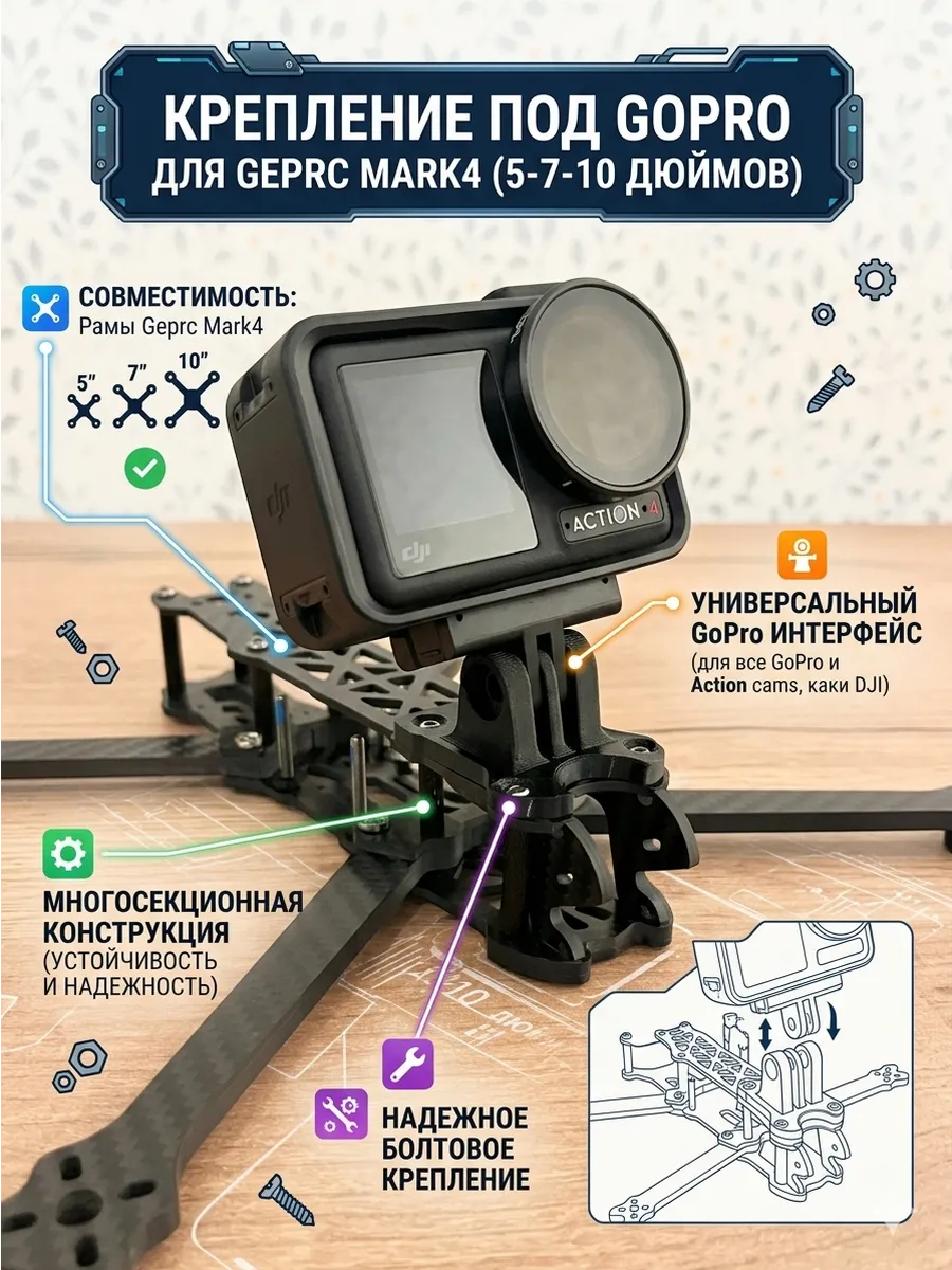 Крепление под Gopro для Geprc Mark4 (5-7-10 дюймов)