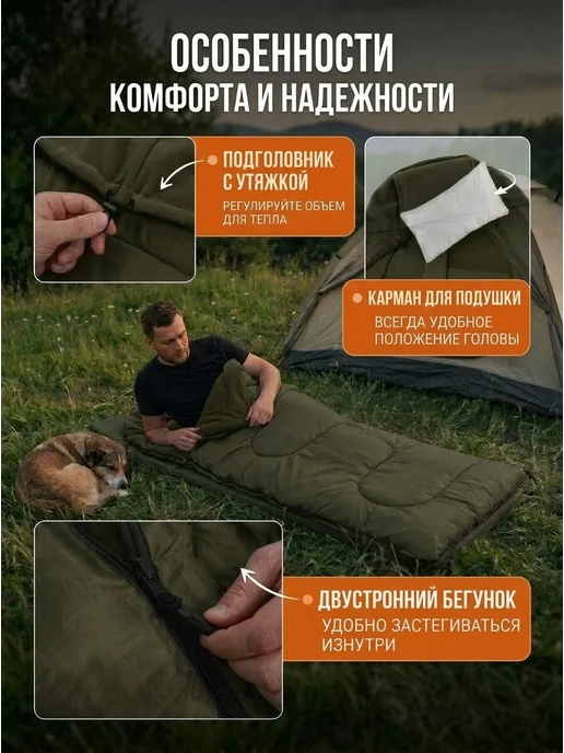 Борей Спальный мешок туристический для похода отдыха до -30С, зеленый, фото 2