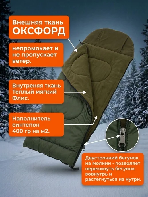 Борей Спальный мешок туристический для похода отдыха до -30С, зеленый, фото 3