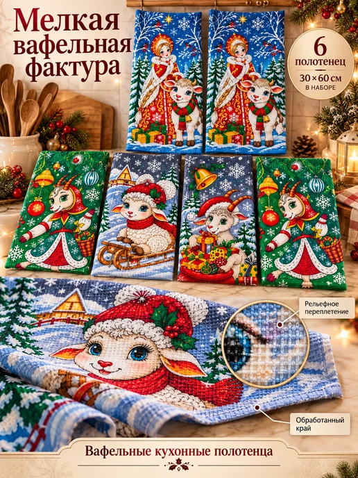 Полотенца кухонные вафельные новогодние набор 6шт, 6 шт, фото 3
