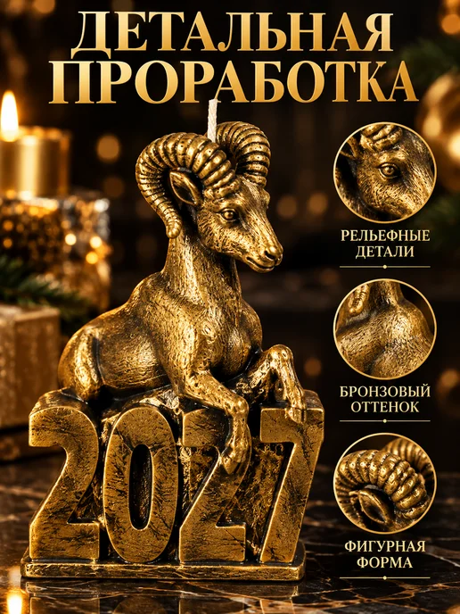 Свеча новогодняя символ 2027 года козел, желтый, фото 2