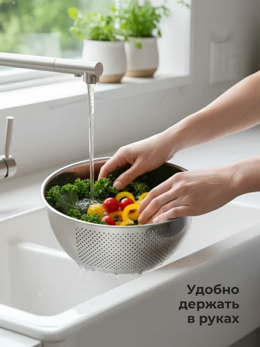 Shiny Kitchen Дуршлаг металлический для промывания круп и ягод, серый, фото 3