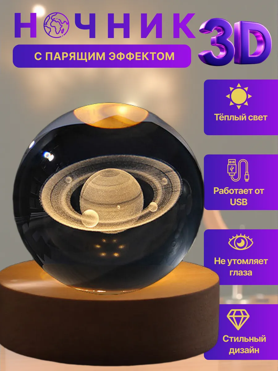 Ночник детский светодиодный стеклянный шар светильник Сатурн